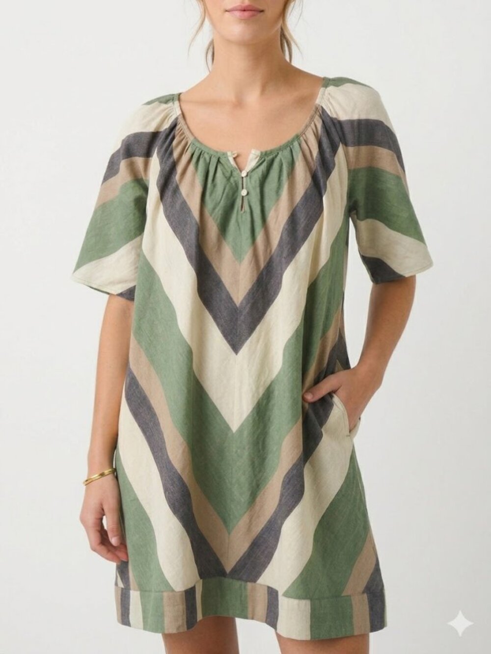 Mirth Seville Dress in Camper Stripe XS Mini Pocket Green Blue Tan New